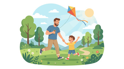Fototapeta premium Illustration of a happy father and child flying a kite together in a green park on a sunny day with a colorful kite soaring overhead, symbolizing paternal love and family bonding.