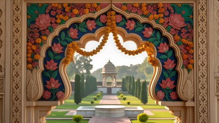 Fototapeta premium Mughal garden featuring a woman, lake, temple, pavilion, ruins, peacock, and pastel landscape illustration Stock Illustration 