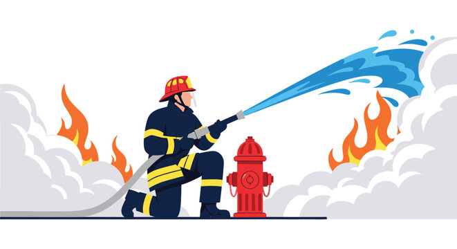 Brave firefighter in full protective uniform and helmet using a high-pressure hose to extinguish large flames near a red fire hydrant during an emergency.