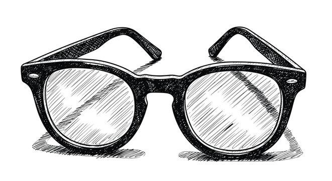 Detailed black and white sketch of classic wayfarer style eyeglasses with thick frames and visible lens reflections.