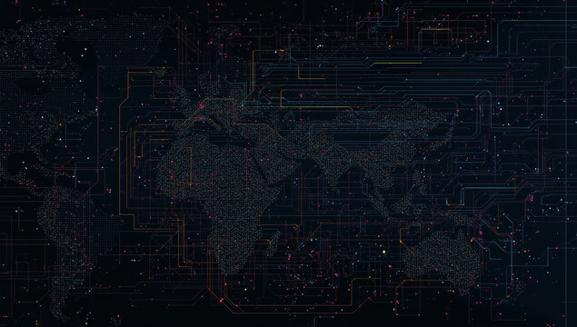Digital world map composed of illuminated data nodes and circuit lines conveying global network