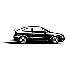 Fototapeta premium A sleek monochrome illustration showcases a modern two-door car in motion from a side profile, with speed lines trailing behind to emphasize its velocity.