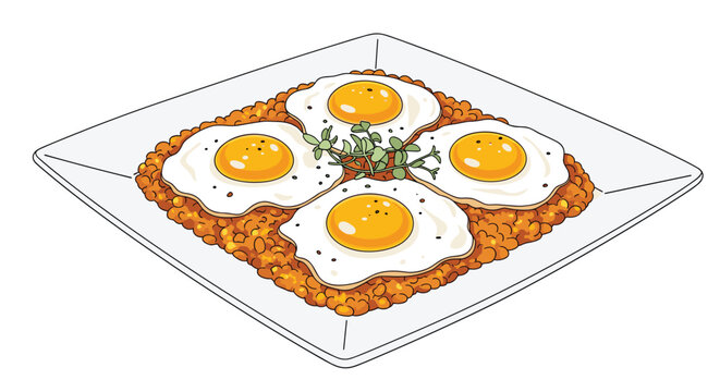 Plate of four sunny side up fried eggs served over a bed of delicious baked beans garnished with fresh green herbs.