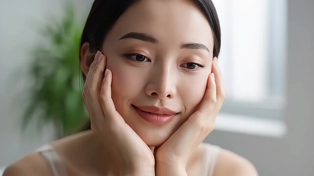 Serene young asian woman gently touches her natural face with a soft smile in a bright, blurry indoor close-up.