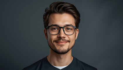 Obraz premium Young man with glasses smiling warmly in studio portrait