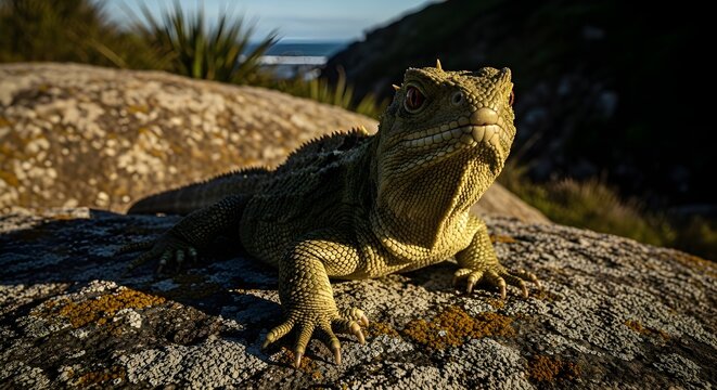 Low Angle Shot Tuatara Lizard Basking Spiny Crest Raised Rocky Outcrop New Zealand Rare Head Turned Direct Gaze