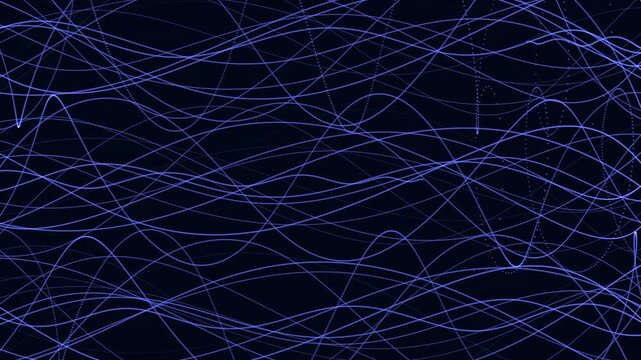 Abstract footage of neon blue light trails and flowing wave lines on a dark background, creating a futuristic technology and data network concept with copy space