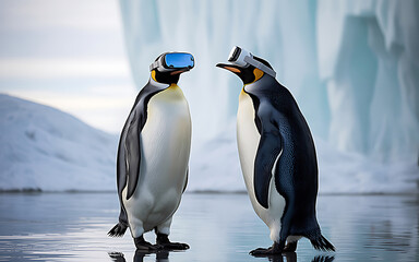 Fototapeta premium Penguin Enjoying Virtual Reality, Cute VR Concept on natural snow White Background