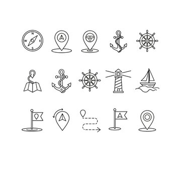 Navigation and maritime icons compass anchor wheel sailboat map and pin