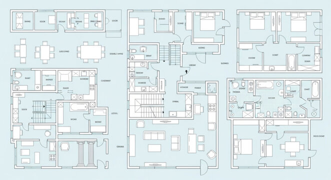 Architectural blueprints showing floor plans and building designs.