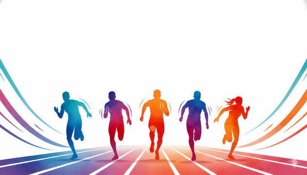 Colorful running silhouettes in motion with modern abstract watercolor background concept.