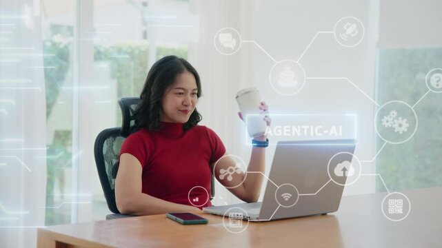 Young asian woman happy smile using search on phone Agent AI app retail shop store pay buy at home Modern Agentic bot order assisted people easy booking hotel ticket vacation smart life virtual wallet