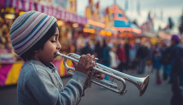A child blowing a trumpet (Turri) at a Vaisakhi fair, his cheeks puffed out, colorful background of carnival games, candid moment, shallow depth of field