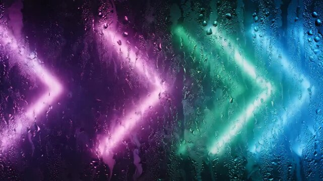 Abstract background with glowing neon arrows moving right, seen through a rainy window with colorful light effects.