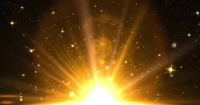 Bright golden light scattered amidst stars in dark space, perfect for celestial backgrounds, conceptual designs, and spiritual themes.