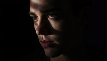 Obraz premium Young man portrait with dramatic low key lighting and shadowed face conveying introspective mood