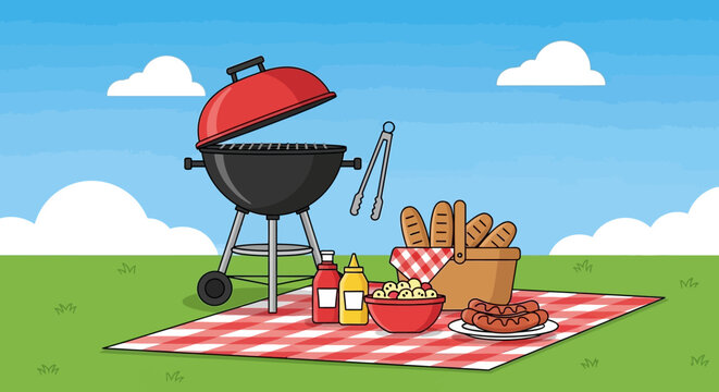 A delightful outdoor summer picnic scene featuring a barbecue grill with sausages, bread, and a checkered blanket set up on a grassy lawn with fluffy clouds in the background