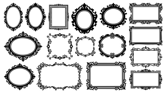 Vector illustration of ornate frames and decorative borders in a black and white design