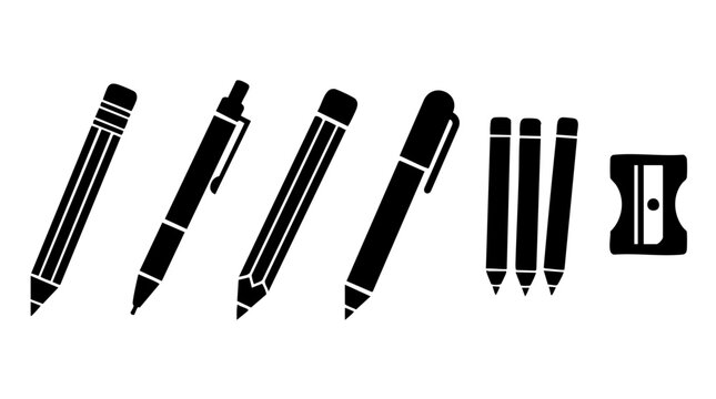 Vector illustration of assorted writing instruments including pencils, pens, and a sharpener