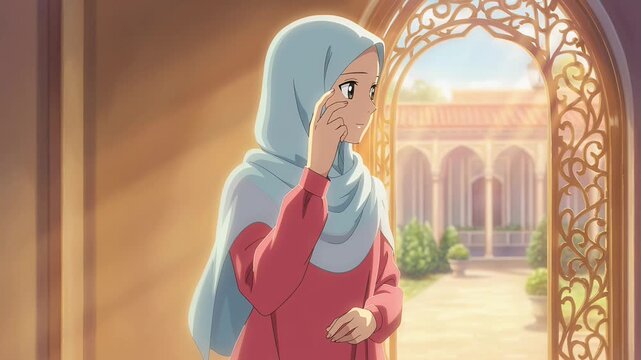 Anime young woman wearing hijab, thoughtful, looking outside, serene outdoor architecture, soft light