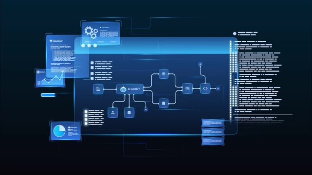 Futuristic AI automation workflow network diagram dashboard system data processing with automation pipelines, analytics dashboards, coding and automation system, looped animation