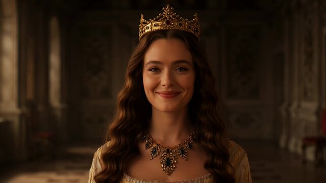 Smiling young queen wearing ornate crown and emerald necklace in regal hall