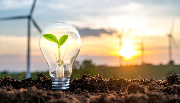 Green energy concept with small plant growing inside light bulb on soil with wind turbines and sunset background sustainable development and ecology