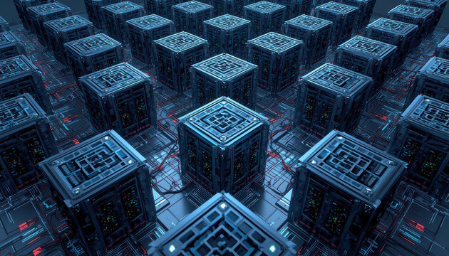 Futuristic server farm with glowing modular server cubes and interconnected wiring, atmospheric