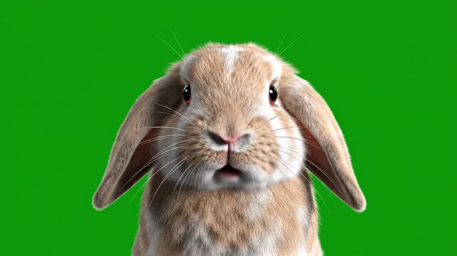 Adorable lop-eared rabbit with soft fur and curious eyes blinks against a vibrant green screen background.