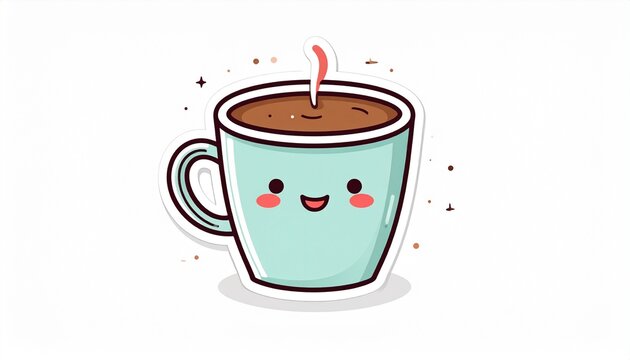 Charming cartoon illustration of a happy steaming mug filled with a warm beverage, a delightful and cute graphic design for cozy moments and morning drinks