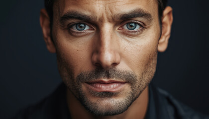 Obraz premium Striking blue eye close up portrait mature man with short beard and intense expression