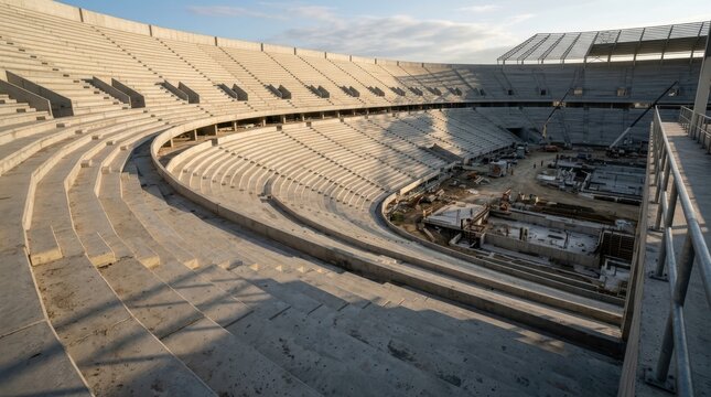 Large concrete stadium under construction with empty seating tiers