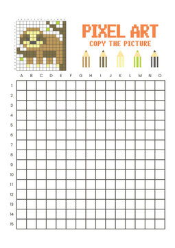 Copy the picture grid drawing worksheet for kids. Pixel art sloth