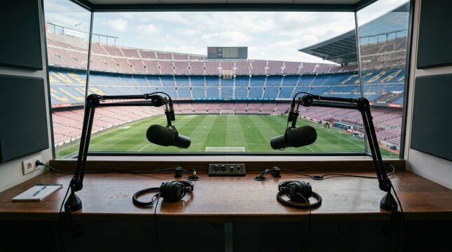Professional commentary box with view of empty football stadium pitch
