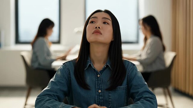 Thoughtful Young Asian Businesswoman Looking Up for Creative Inspiration in Modern Office