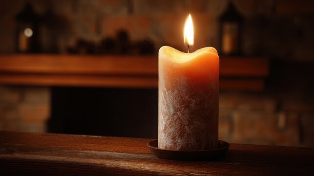 Hand-poured beeswax candle with a crackling wick casting a warm, inviting glow on a wooden surface