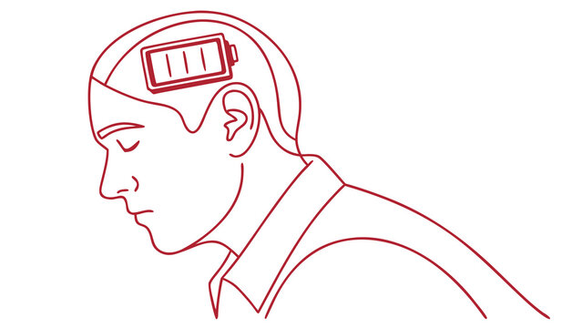 Man with battery symbol inside head representing low energy or mental exhaustion tiredness illustration depleted overwhelmed