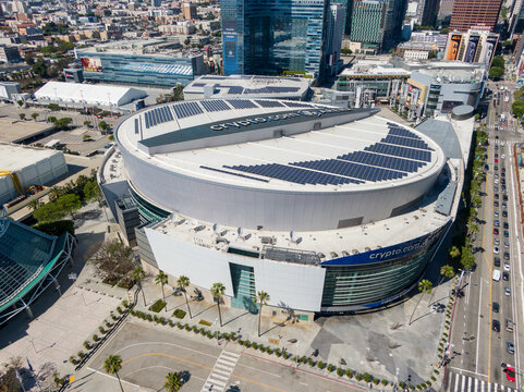 Aerial Drone View of Crypto.com Arena Rooftop Logo and Solar Panels 