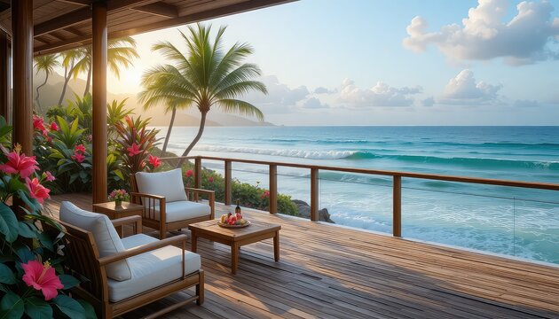 Hawaiian oceanfront lanai deck at sunrise, bamboo furniture with white cushions, large hibiscus and plumeria trees with colorful flowers