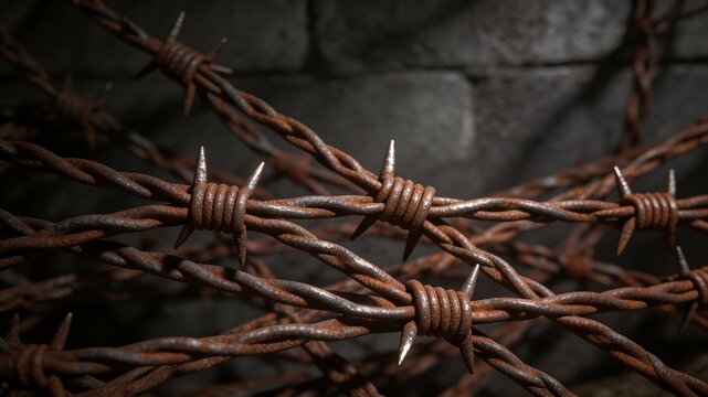 Rusty barbed wire close-up texture, twisted metal strands