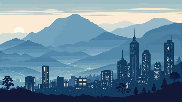 A blue city skyline with skyscrapers and mountains in the background at dusk