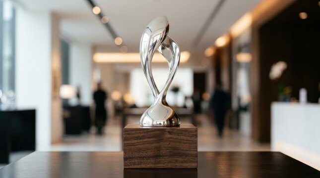 Modern abstract trophy on wooden base in lobby