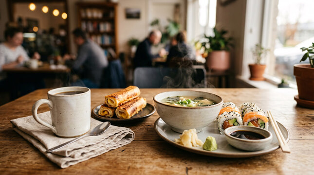 Japanese-style cafe meal with sushi rolls, soup, pastries, and coffee on a wooden table