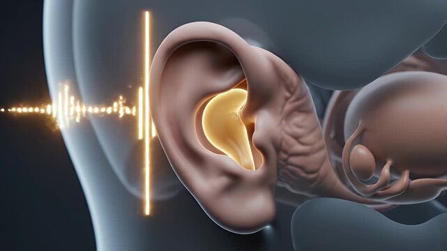 Detailed CGI Animation of Human Ear Anatomy and Sound Wave Transmission into the Inner Ear for Educational Healthcare Presentations and Scientific Research with Luminous Visuals