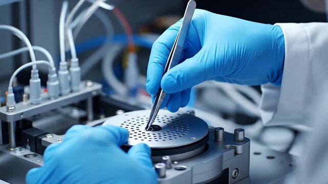 Scientist hands analyze sample in laboratory setting with equipment