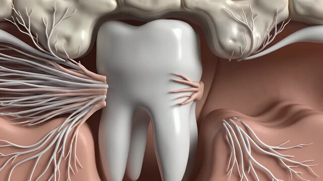 Detailed CGI Animation of Periodontal Ligament Fibers Attaching Tooth to Jawbone Illustrating Dental Anatomy for Educational Medical and Healthcare Presentations with Nerves and Gum Tissue