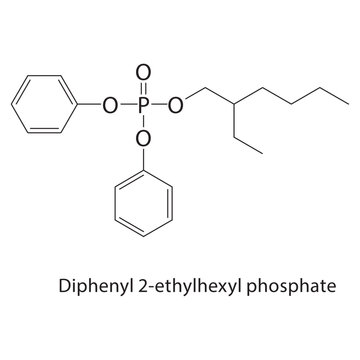 Diphenyl 2-ethylhexyl phosphate skeletal structure. phosphate compound schematic illustration. Simple diagram, chemical formula.