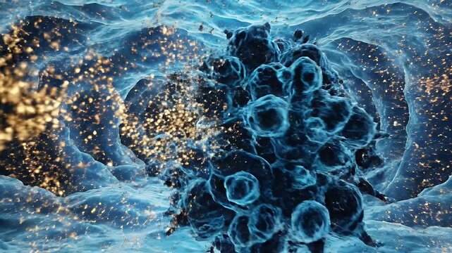 Medical CGI Visualization of Early Intervention Benefit Abn with a Purple Cell Attacked by Golden Particles in a Blue-Tinged Organic Tunnel for Healthcare Awareness and Scientific Education