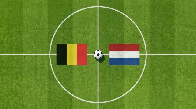 Belgium and netherlands national flags with soccer ball on football field