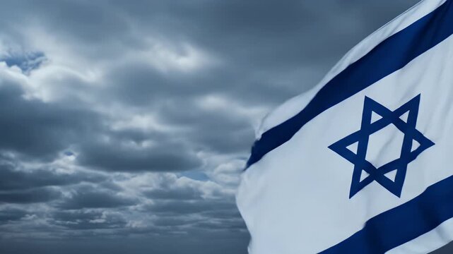 Waving Israeli Flag Against Dramatic Stormy Clouds with Star of David Symbol National Pride Patriotism